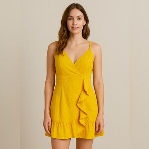 💛 Missguided Vibrant Yellow Ruffle Wrap Mini Dress – Size 8 (NWOT)